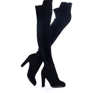 Shoe'N Tale Women Faux Suede Chunky Heel Stretch Over The Knee Thigh High Boots